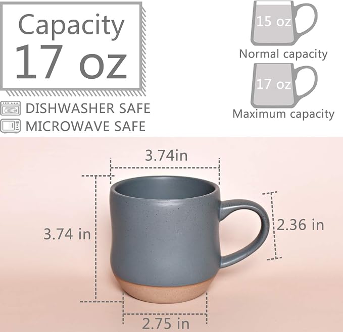 Bosmarlin Large Stoneware Speckled Coffee Mugs Set of 2, Big Tea Cup, 17 Oz, Dishwasher and Microwave Safe (Blue, 2)