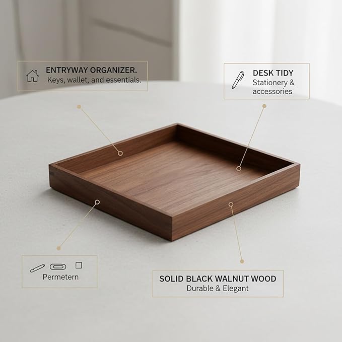 Solid Black Walnut Wood Desk Organizer Tray for Office, Entryway, and Home Storage