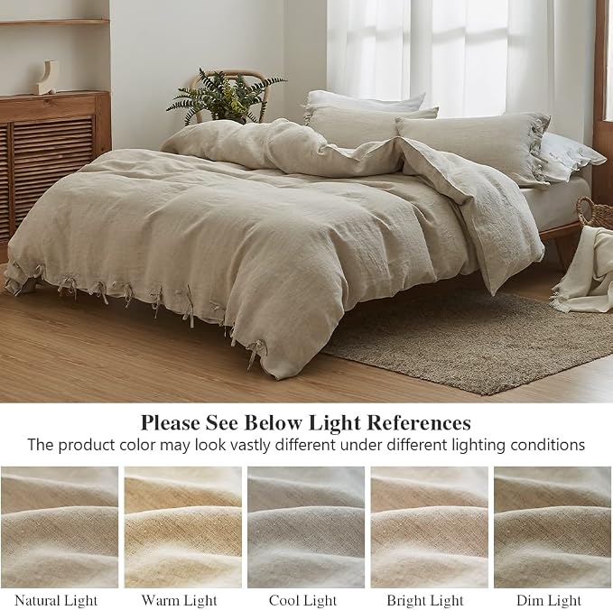 Simple&Opulence 100% Linen Duvet Cover Set 3pcs with Bowknot Ties Closure Natural French Washed Flax Solid Color Soft Breathable Farmhouse Bedding - Linen, Queen Size