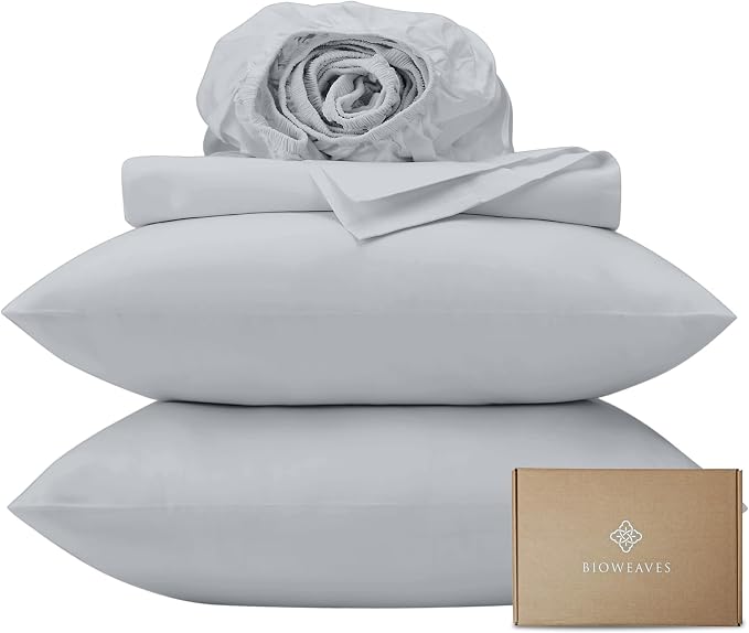 BIOWEAVES 100% Organic Cotton Sheets, 300 Thread Count 4-Piece GOTS Certified Bed Sheet Set Fits Mattress Upto 17" Deep Pocket, Soft & Silky Sateen Weave (Full, Glacier Gray)