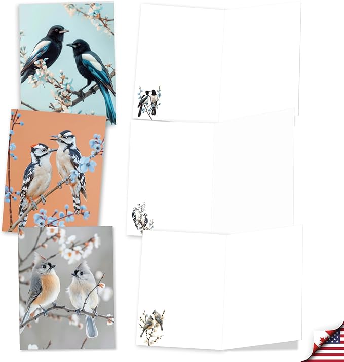 The Best Card Company 20 Assorted Blank Notecards Box Set 4 x 5.12 Inch with Envelopes (10 Designs, 2 Each) Blooming Songbirds AM10702OCB-B2x10