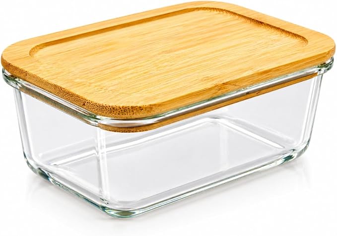 Kdetails Glass Food Storage Container with Bamboo Lid 35.2 oz | Borosilicate Glass Meal Prep Container | Microwave Oven Dishwasher Safe | Airtight BPA Free