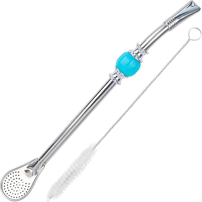 Premium Yerba Mate Straws - Reusable Stainless Steel Bombilla Straw with Colorful Beads - Set with Removable Head Filter (Blue)