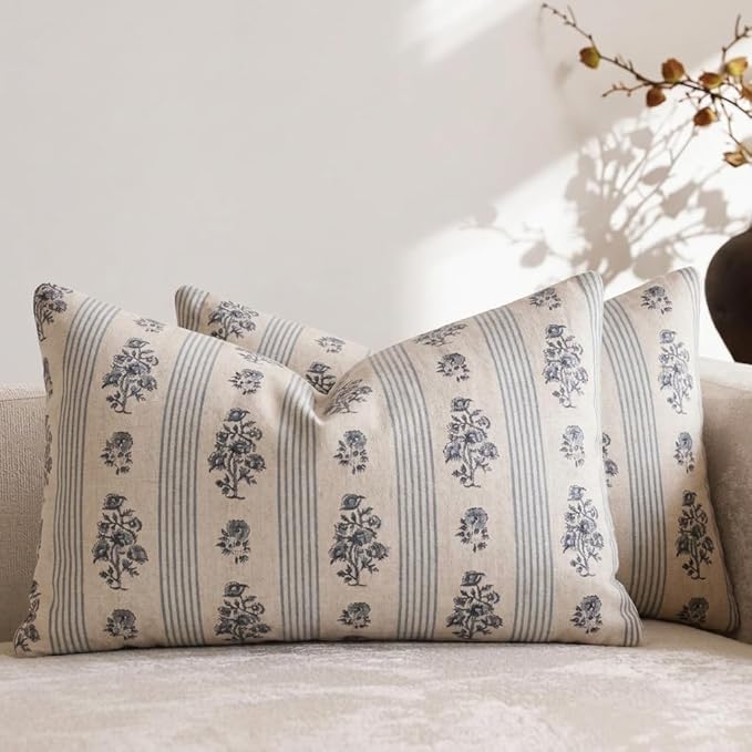 Amor Virisso Floral Throw Pillow Covers 12 x 20 Set of 2 Block Print Pillow Covers Neutral Floral Striped Farmhouse Decorative Pillow Covers for Sofa Couch Bed, Light Blue