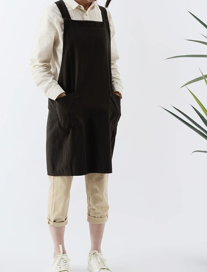 Soft Cotton Linen Apron for Women - Non-tie Cross Back Apron with Pockets, Great for Florist and Kitchen