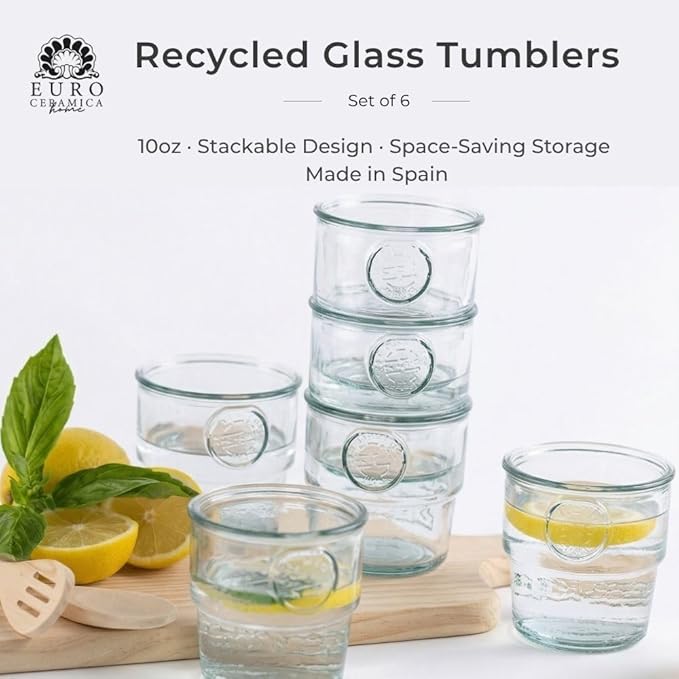 Euro Ceramica Barra Collection Stackable Recycled Glass Tumblers, 10 oz Drinking Glasses, Set of 6
