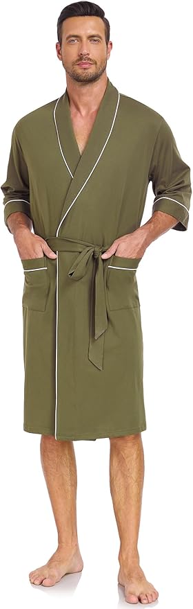 COLORFULLEAF 100% Cotton Men’s Summer Bathrobe Lightweight & Breathable Short Sleeve Kimono Robe with Pockets