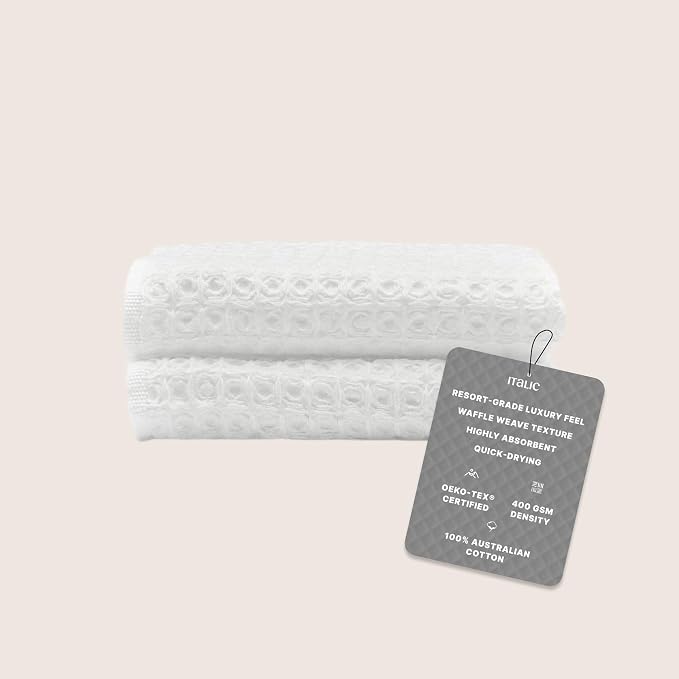 Italic Sedona Waffle Washcloths, 410 GSM 100% Cotton, Set of 2, Soft Textured Face Towels, Quick-Drying & Gentle, White