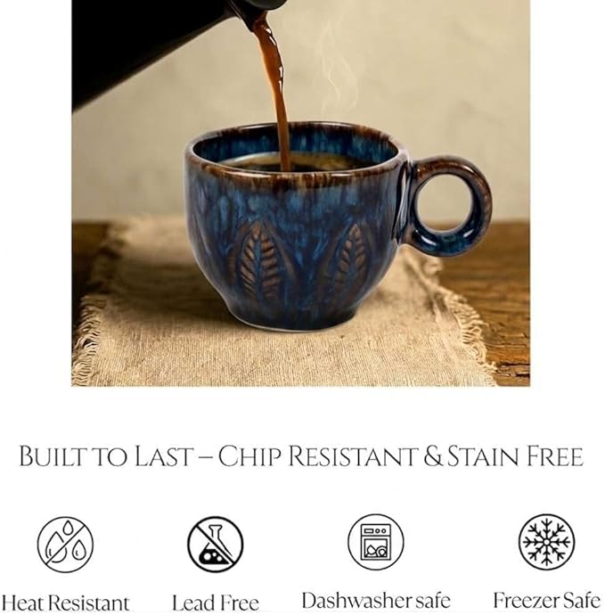 Ceramic Espresso Cup 5 oz, Stoneware Demitasse Coffee Mug with Handle, Artisan Reactive Glaze Texture, Small Latte Cappuccino Tea Cup, Microwave & Dishwasher Safe, Midnight Blue, Pack of 6