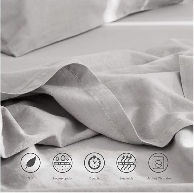 BISELINA Linen Sheet French Flax Flat Sheet Only 55% Euro Linen 45% Cotton Basic Style Solid Color Soft Breathable Farmhouse Top Sheet 1-Piece (Queen, Grey)