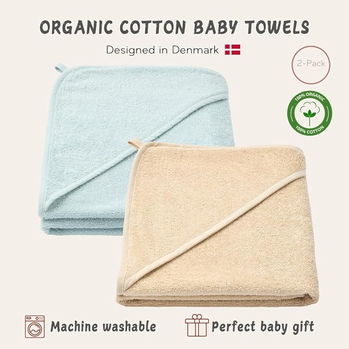 Hooded Baby Towels – 100% Organic Cotton Baby Bath Towels – Baby Boy Newborn Essentials - Super-Soft and Absorbent.(2-Pack Fog and Baby Blue)