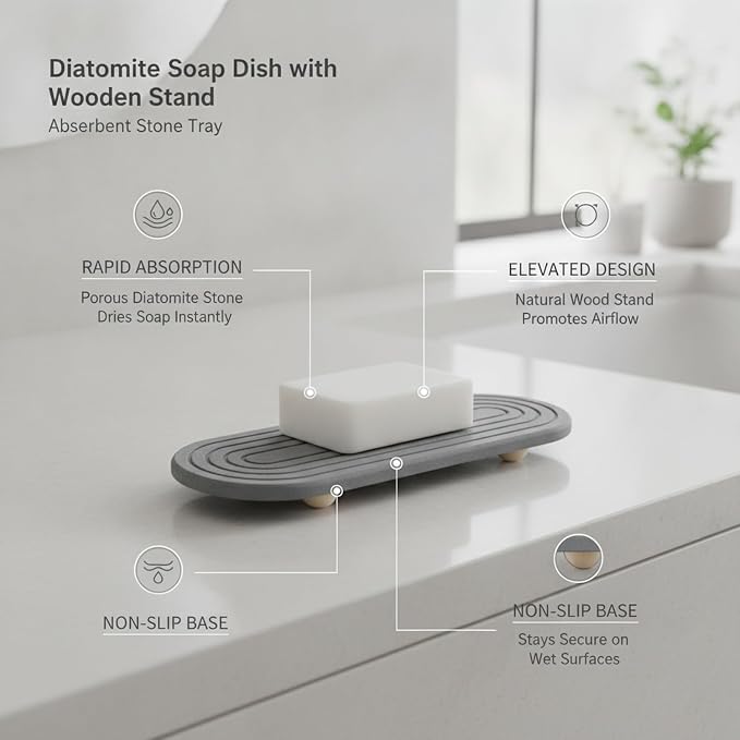 Diatomite Soap Dish with Wooden Stand, Absorbent Stone Tray for Bar Soap, Bathroom Sink Counter Organizer (1 PC)