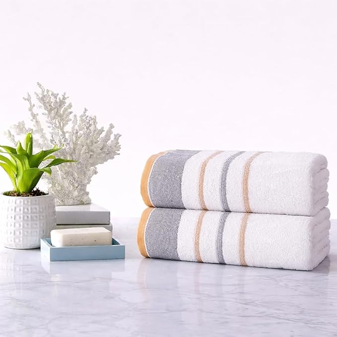 CASA COPENHAGEN White Bay 2Pcs 100% Egyptian Cotton Large Designer Bathsheet Towels Gift Set- Grey - Beige, 600GSM, 35"x70" 2Bath Sheet Towels for Bathroom (Gift Set for Women & Men)