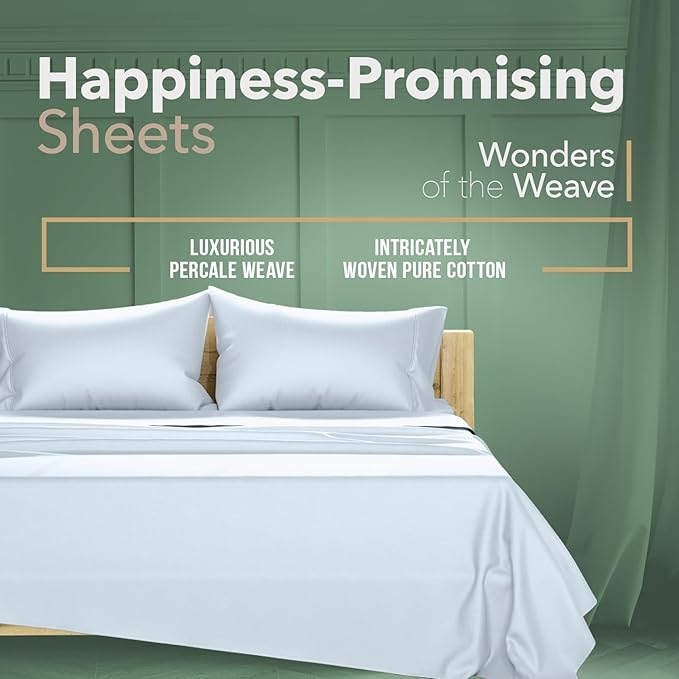 TEXAS LINEN CO. 100% Organic Cotton Percale Sheets Queen Size Pack or 2 - Soft & Crisp Organic Cotton Sheets Queen Size (8 PC, Light Blue), 16" Deep Pocket Percale Weve Bed Sheet Set - GOTS Certified