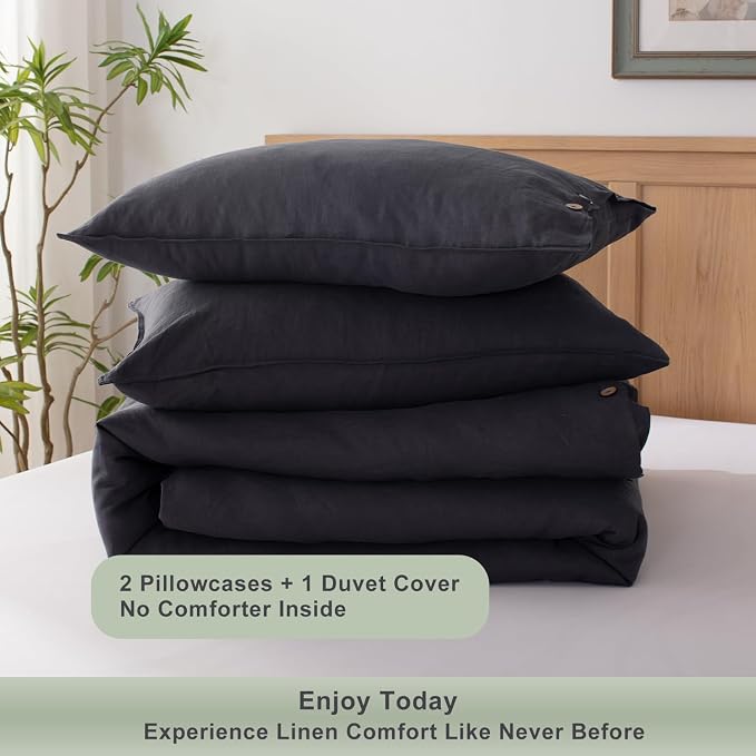 TOSMO 100% Linen Duvet Cover Set with Button Closure, 3 Pieces (1 Duvet Cover with 2 Pillowcases), Soft Breathable Durable Farmhouse Bedding - King, Charcoal Grey