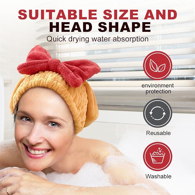 Super Absorbent Hair Towel Wrap for Wet Hair, 2026 New Microfiber Hair Towel Wrap Women Quick-Drying Hair Towels, Soft Bow Tie Wet Hair Towels Wrap for Women Accessories (Yellow, 10.7inch)