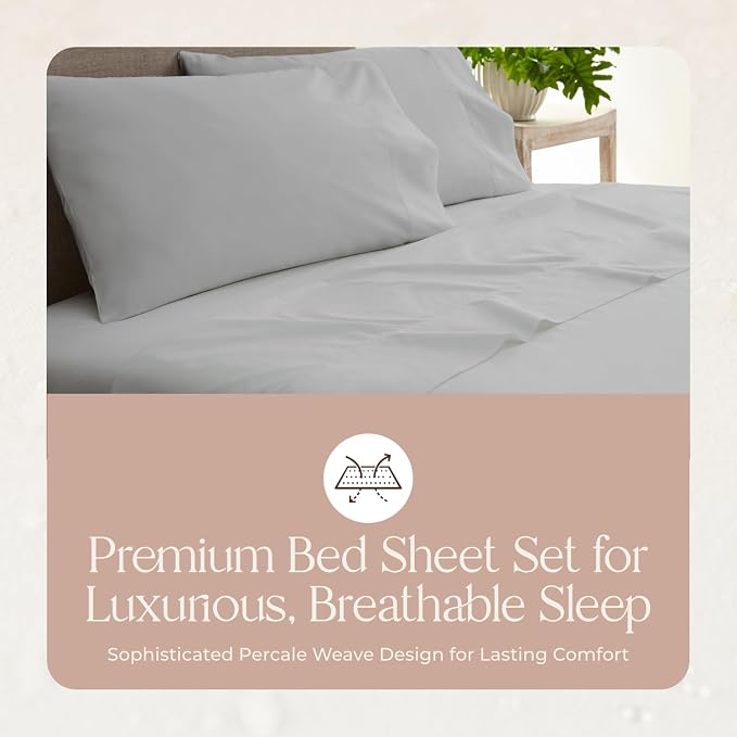 100% Organic Cotton Sheets Full Size - GOTS Certified Cotton Percale Sheets with Crisp Cool & Breathable Percale Weave Perfect for Hot Sleepers - Durable Luxury 4 Piece Set (Silver, Full)