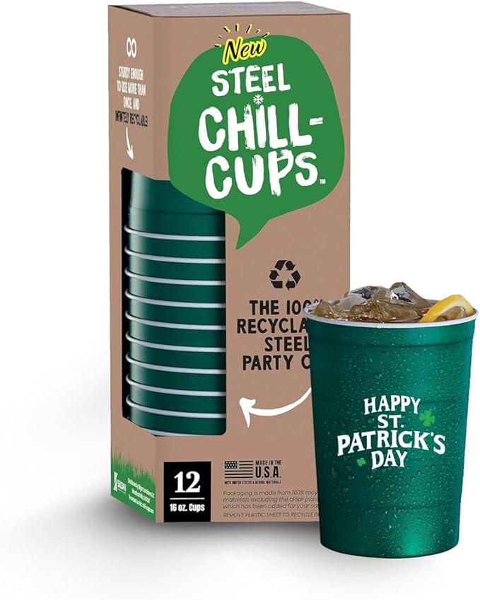 Steel Chill Cups 16 oz. Party Cups 'St. Patrick's Day' Clover Design for Cold Drinks, Durable, Disposable, Recyclable, Made in USA, Green, 12 Count