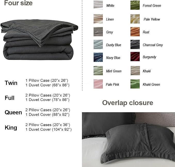 Simple&Opulence French Linen Duvet Cover Set 68" x 86"- 2 Pieces (1 Comforter Cover,1 Pillowcase)- Natural Flax Cotton Blend-Solid Color Breathable Farmhouse Bedding-Charcoal Grey, Twin