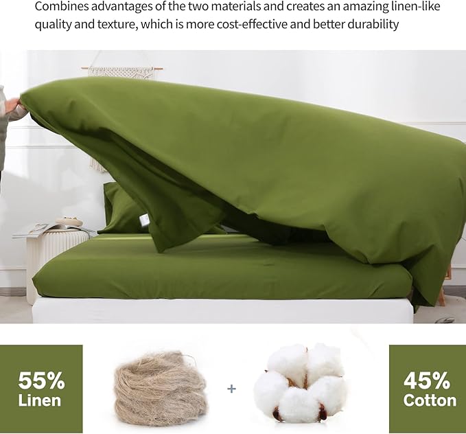 BISELINA Linen Sheet French Flax Flat Sheet Only 55% Euro Linen 45% Cotton Basic Style Solid Color Soft Breathable Farmhouse Top Sheet 1-Piece (King, Forest)