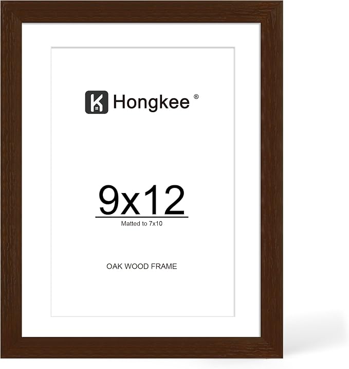 Hongkee 9x12 Oak Wood Picture Frame 1 Pack(Matted 7x10), Real Glass Cover | Walnut, 9 x 12 Solid Wood Frame for Wall or Tabletop Display - Includes Easel Back, Vertical Hang - Ideal for Home, Office