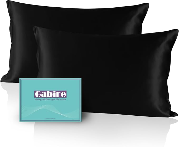 Gabire Mulberry Silk Pillow Cases Set of 2, Both Sides Real Silk Pillow Cover for Hair and Skin Prevent Acne Pillowcase Organic Silk Pillowcase 2 Pack with Hidden Zipper, Black, Queen (20"×30")