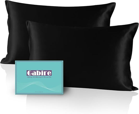 Gabire Mulberry Silk Pillow Cases Set of 2, Both Sides Real Silk Pillowcase for Hair and Skin Prevent Acne Pillowcase Organic Silk Pillowcase 2 Pack with Hidden Zipper, Black, Standard (20"×26")