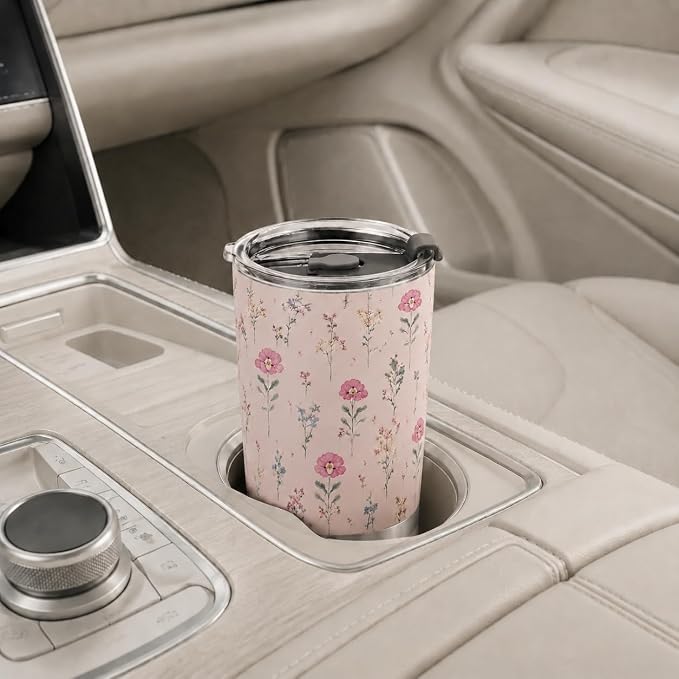 Pink Insulated Tumbler, Floral Stainless Steel Travel Mug, Gifts for Women Girl on Birthday Christmas Thanksgiving, 20 oz Vacuum Coffee Cup