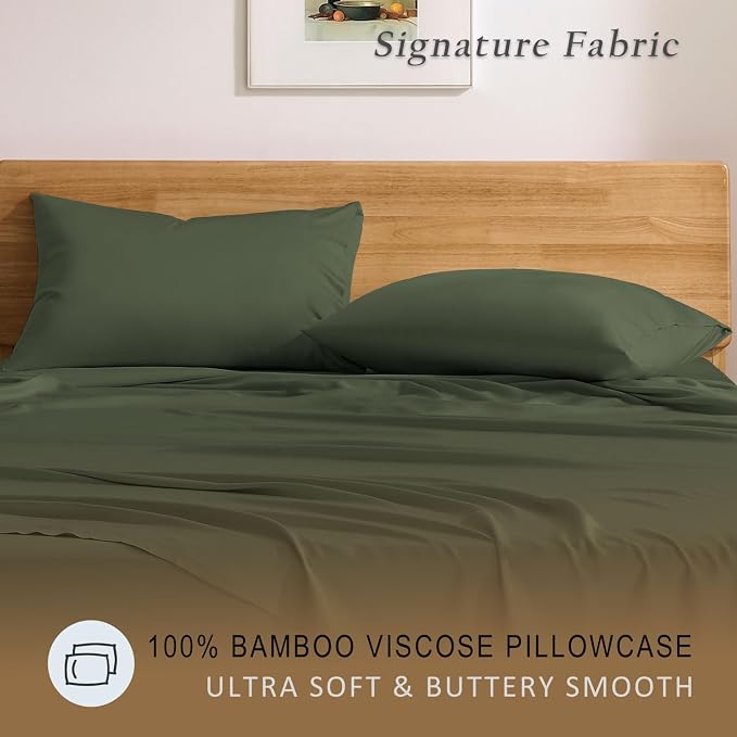 TOSMO Luxury Pillow Case Set of 2 - Cooling Viscose Derived from Bamboo, Oeko-TEX, Breathabl Silky Soft Pillow Cases with Envelope Closure (Standard, Olive)