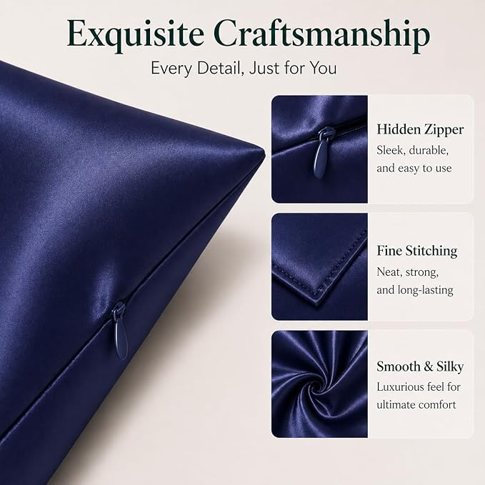 Navy Blue Silk Pillow Cases with Zipper Standard Size, USA Made, Real 22 Momme Mulberry Silk Pillowcase for Sleeping Women, Cooling, Anti Acne (Navy Blue, Standard)