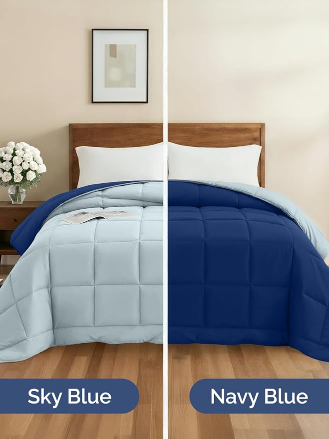 King Size, Navy Blue/SkyBlue Alternative Down Comforter - Warm, Lightweight & Breathable Hotel Quality Bedding Set for Men, Women, Kids & Teens - All Season Cooling Microfiber Duvet Insert Comforter