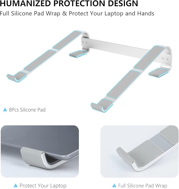 Laptop Stand for Desk, Ventilated Aluminum Laptop Riser, Silver | Stable Typing Support, Fixed 17° Angle, 2.5 in Lift, Silicone Pads, Open Airflow, Fits Most 11–16 in Laptops, Tool Included
