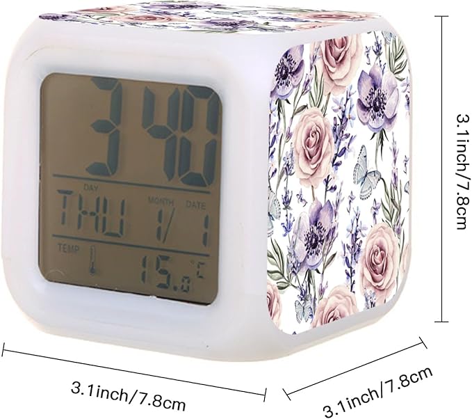 Digital Alarm Clock,Lavender Roses and Butterfly 7 Color Change LED Digital Alarm Clock with Date Thermometer for Toddlers,Girls and Boys