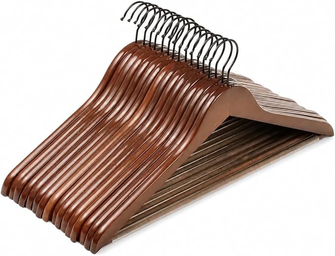 JS HANGER Wooden Coat Hangers, 30 Pack High Grade Wood Suit Hangers with Non Slip Pant Bar - Extra Smooth and Splinter Free, Retro Finish
