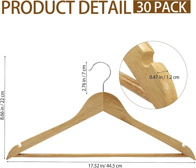 30 Pack Wooden Hangers, Solid Wood Coat Hanger with 360 Swivel Hook, Smooth Finish 17.5 Inch Clothes Hanger with Shoulder Groove for Shirts, Pants, Suits, Jackets, Dresses, Sweaters, Natural