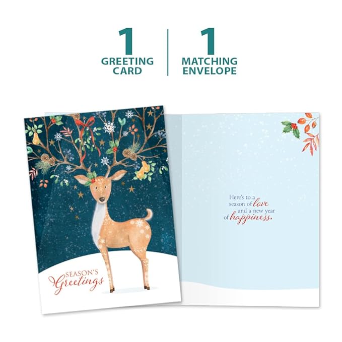 Tree-Free Greetings - Season's Greeting Card - Artful Designs - 1 Card + Matching Envelopes - Made in USA - 100% Recycled Paper - 5 x 7 - Spread Cheer Deer (VO80680)