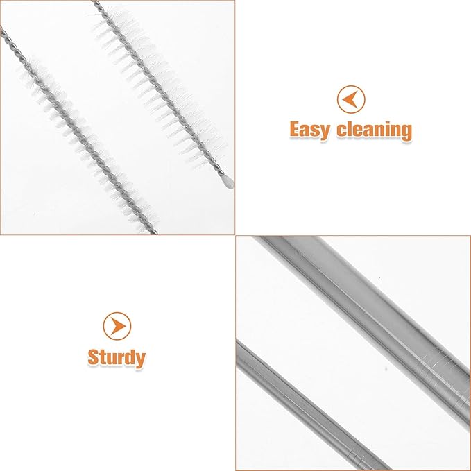 FOMIYES Reusable Stainless Steel Straws Set with Gold Plated Thick Bent and Straight Straws Silver 6pcs Kit for Smoothies and Drinks