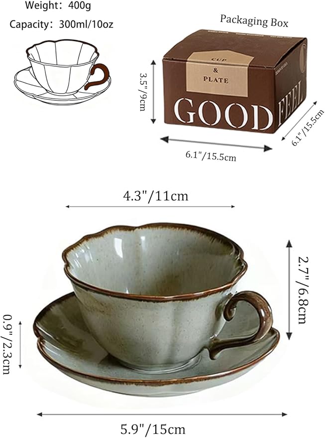 Ceramic Coffee Cup and Saucer Set – 10oz Kiln-Glazed Teacup with Saucer, Handmade Ceramic Mug Set for Coffee, Tea, Cappuccino, or Latte