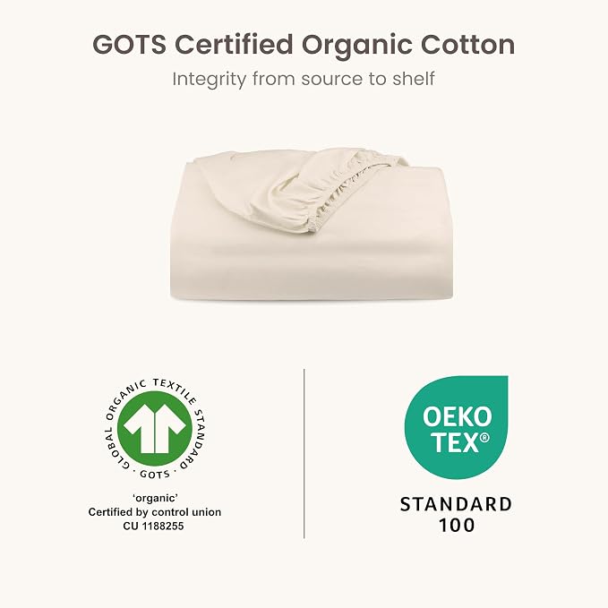 BIOWEAVES 100% Organic Cotton 1 Twin XL Fitted Sheet Only | 300 Thread Count Sateen Weave GOTS Certified with Deep Pocket - Undyed Natural