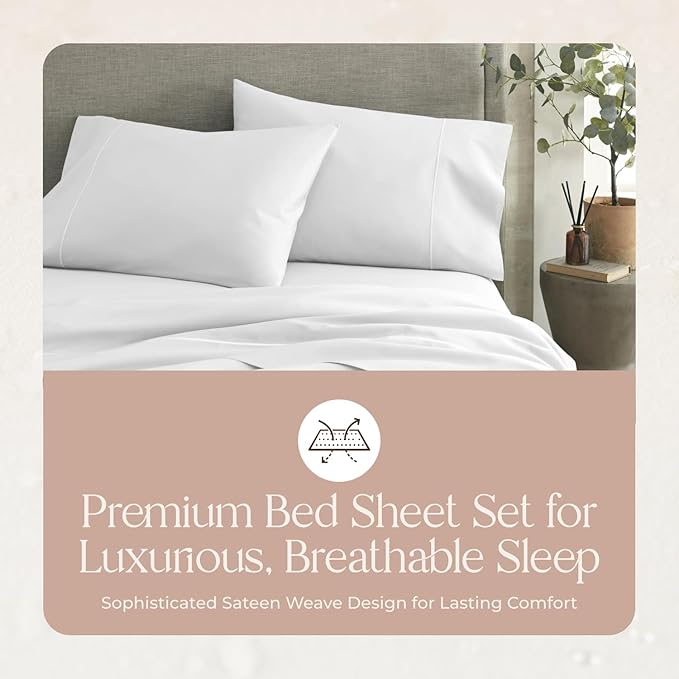 100% Organic Cotton Sheets Twin Size - GOTS Certified Organic Bed Sheets with Deep Pocket 300 Thread Count & Cozy Sateen Weave Gets Softer with Each Wash - Luxury 3 Piece Set (White, Twin)