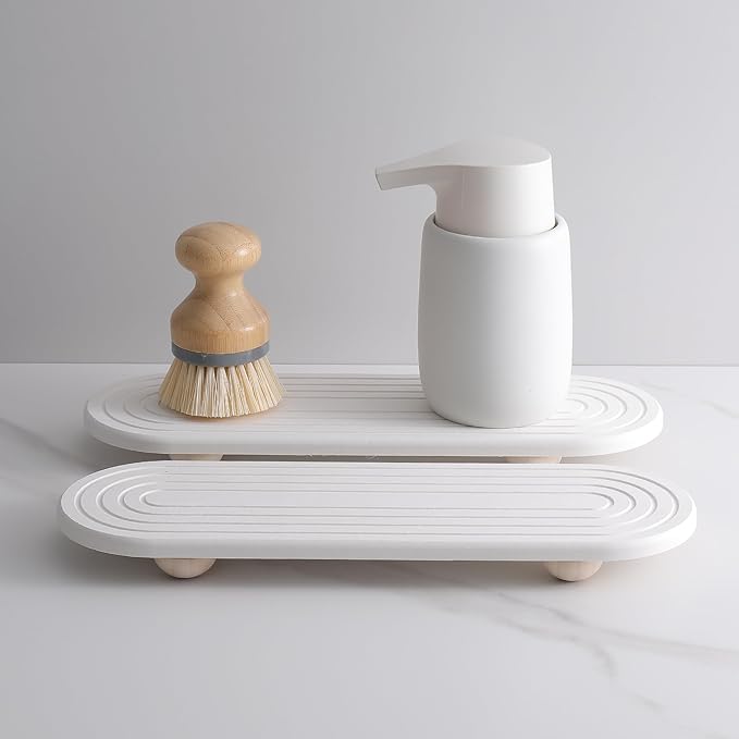 2PCS Water Absorbing Stone Tray for Sink, Quick Drying Diatomite Bathroom Tray Countertop, Stone Drying Mat for Kitchen Counter Faucet, Soap Dish Dispenser Vanity Organizer, White-11.8" x 4"