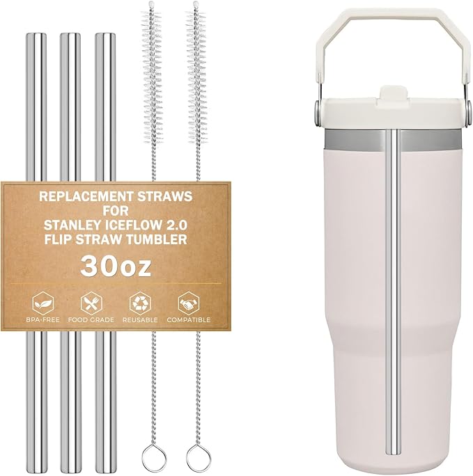LUCKINEE Replacement Stainless Steel Straws for Stanley IceFlow Tumbler 30 oz, 3 Pack Metal Reusable Straws with 2 Straw Cleaner Brushes for IceFlow Tumbler Accessories