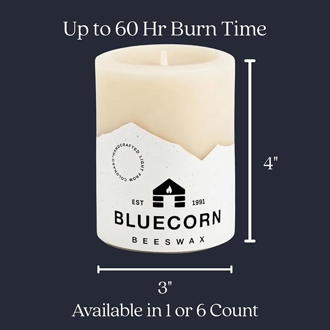 Bluecorn Beeswax 100% Pure Beeswax Pillar Candles | Ivory White 3x4 Pillar Candle Set | Non Toxic, Unscented, Clean Burning | Cotton Wick, Dripless, 60 Hr Long Burning | Handmade in USA | 6 Pack