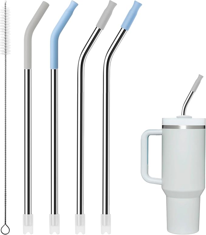 4Pack Reusable Stainless Steel Metal Straws for 40 oz Tumblers | Long Drinking Straws with Colourful Silicone Tips, Cleaning Brushes Included