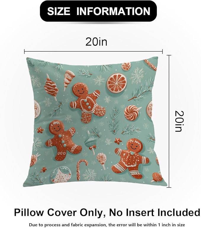 Shrahala Gingerbread Christmas Candy Decorative Throw Pillow Cover, Retro Christmas Candy Pattern Square Pillowcase Blended Double-Sided No Inserts for Bedroom Living Room Set of 2 (20 x 20 in)