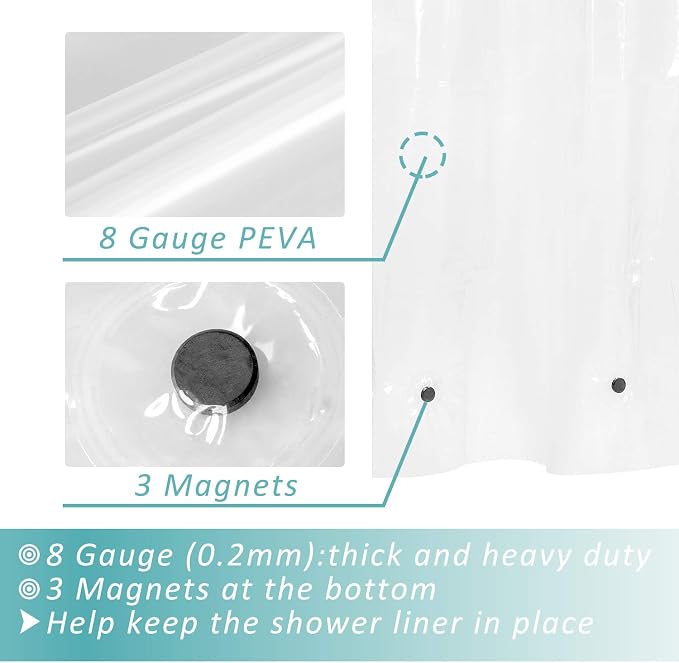 Mrs Awesome 36x84 Small Stall Shower Curtain Liner with 3 Magnets Clear PEVA 8G Thick & Heavy Duty, Waterproof, Narrow Stall Size 36 x 84 inches, Clear