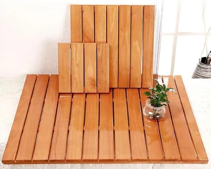 24 28 30 34 38 40 44 inch Teak Solid Wood Shower Floor Mat with Non-Slip Feet and Center Drainage Hole Large Bath Mat for Indoor Showers/Tile Floors(30x30cm/12x12in)