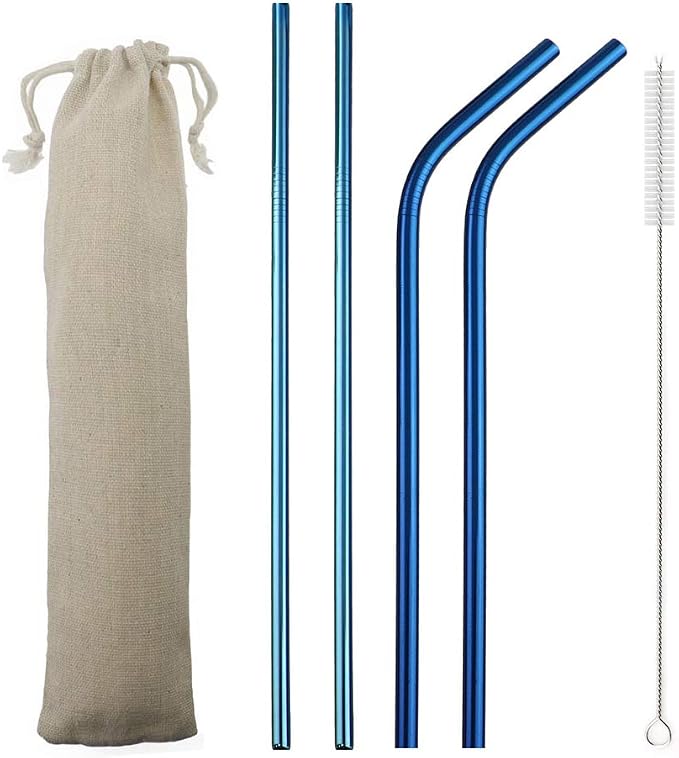 JASHII Reusable Portable Metal Straws Stainless Steel Eco-friendly Drinking Straw with Travel Cloth Bag (2 Bent 2 Straight 1 Brush),Blue