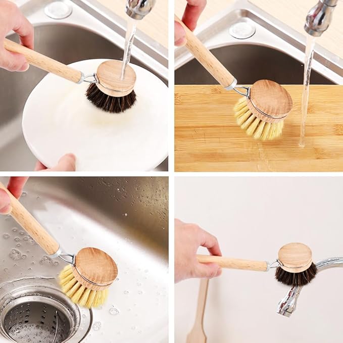 Bamboo Dish Brush with Handle,Natural Kitchen Brushes with 3pcs Replacement Heads, Horsehair, Sisal, Palm,All Purpose Kitchen Scrub Brush,Fruit and Veggie Brush Scrubber