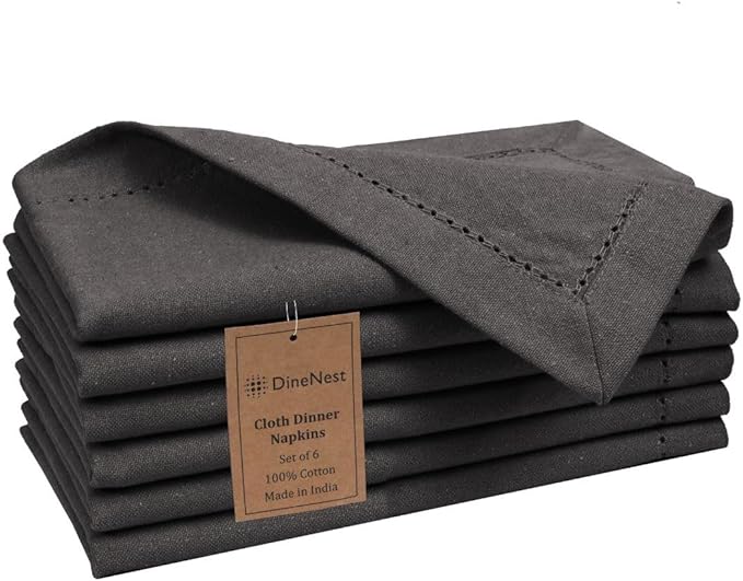 Hemstitch Cloth Dinner Napkins 100% Cotton Set of 6 - for Dining Special Occasions Weddings Parties Holidays Easter - Soft Durable Washable - 18x18 Inch Table Cloth Napkins Charcoal Grey